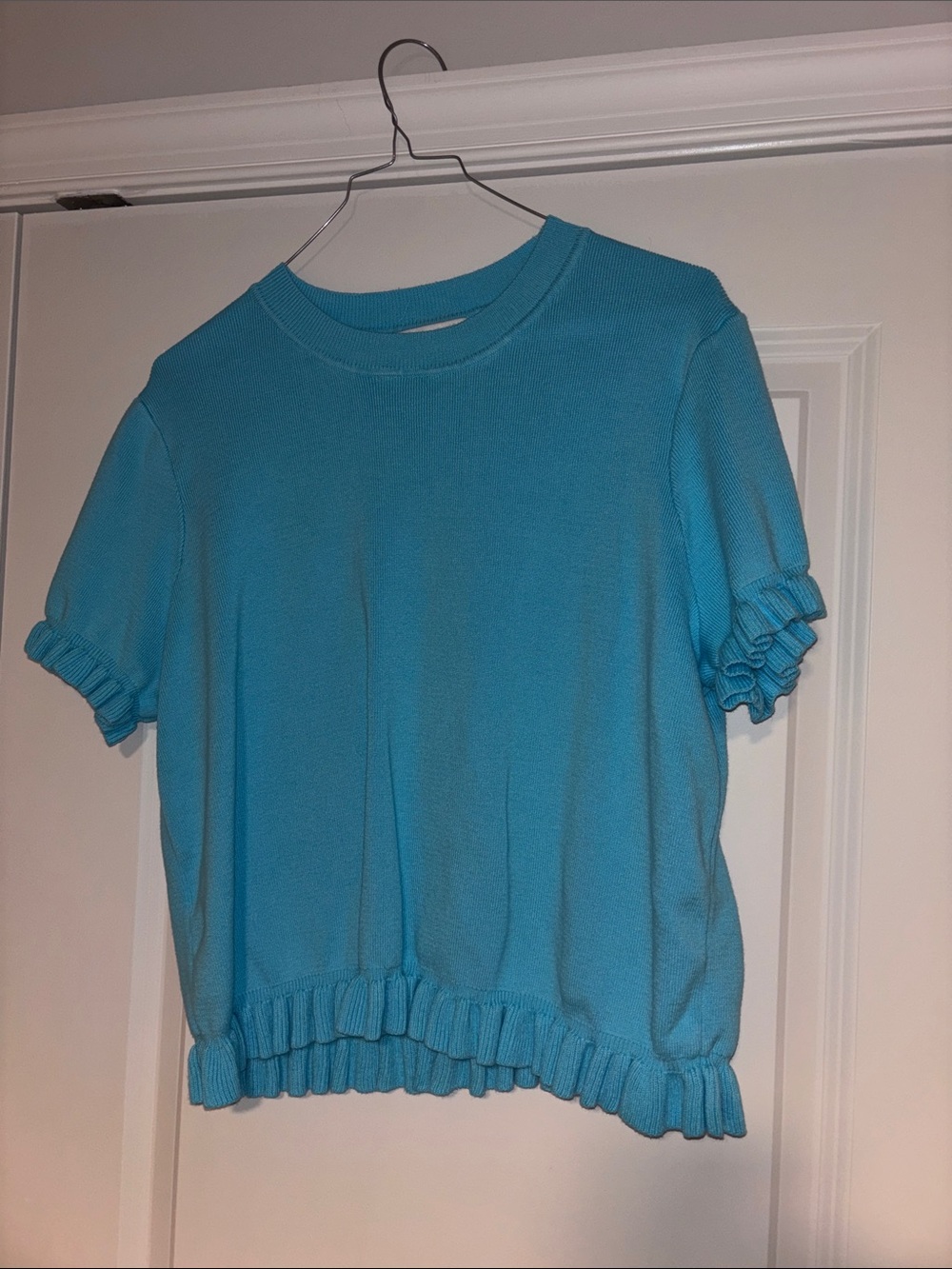 Sky Blue Short Sleeve Ruffle Hem Knit Tee